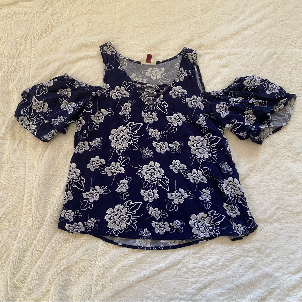 Blue Floral Off the Shoulder Blouse